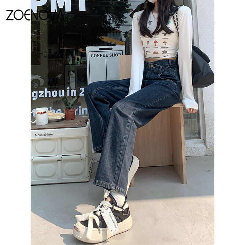 ZOENOVA-Calça de perna larga de cintura alta feminina, jeans reto solto, calça jeans, casual, versátil, moda, Y2K, primavera, 2022