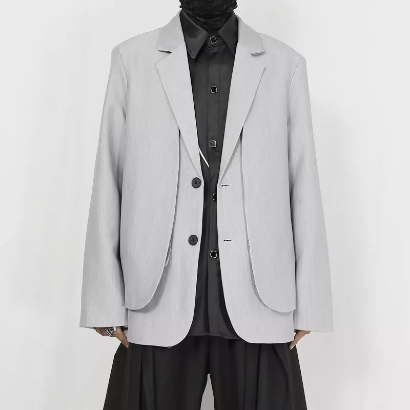 Terno de design casual de nicho escuro masculino, falso dois casacos soltos, lindos ternos pequenos, jaqueta, original