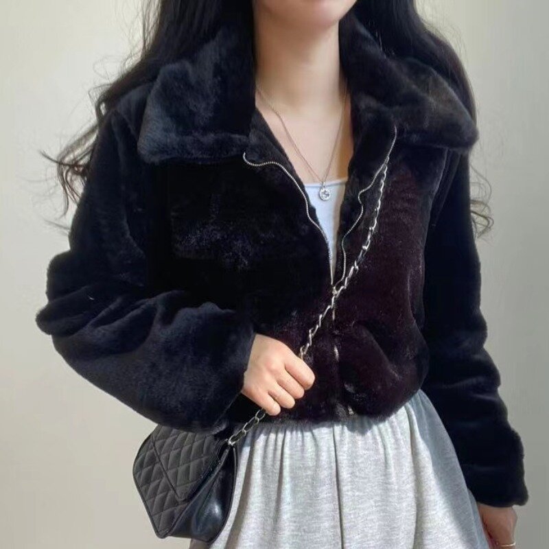 Женская осенне-зимняя куртка на молнии из искусственного меха, Женская Повседневная теплая однотонная короткая верхняя одежда с длинным рукавом и ворсом