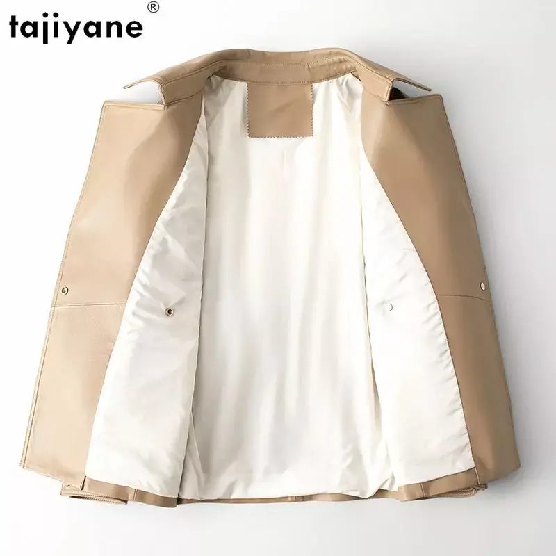 Tajiyane-casaco de pele de carneiro genuíno feminino, jaqueta elegante com cordões, casaco fino chique e de alta qualidade, couro 100% real