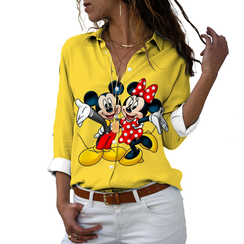 Disney-Camiseta de manga larga con botones y solapa para mujer, camisa informal con estampado 3D de Mickey, Minnie, el Pato Donald, Harajuku, nueva, y2k