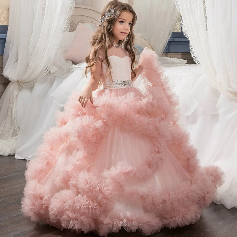 Luxurious Layered Flower Girl Dress For Wedding Tulle Beading Lace Fluffy With Bow Child First Eucharistic Birthday Party Dress