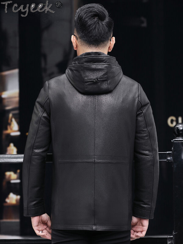Tcyeek jaket bulu asli bertudung pria, mantel bulu Mink alami panjang setengah musim dingin untuk lelaki