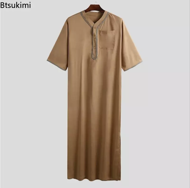 Men Vintage Half Sleeve Muslim Kaftan Robes Leisure V Neck Printed Jubba Thobe Solid Patchwork Arabic Clothes Plus Size S-5XL