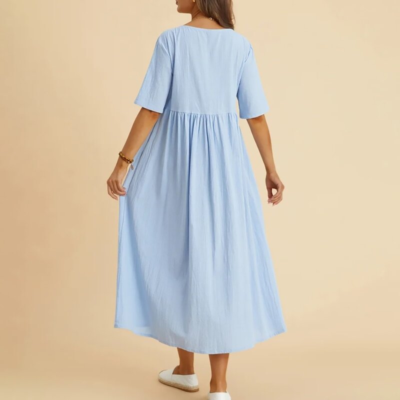 Lockeres Kleid Baumwolle und Leinen Rundhals ausschnitt einfarbig Fünf-Punkt-Ärmel Midi-Kleid großes Maxi kleid Damen Sommerkleider