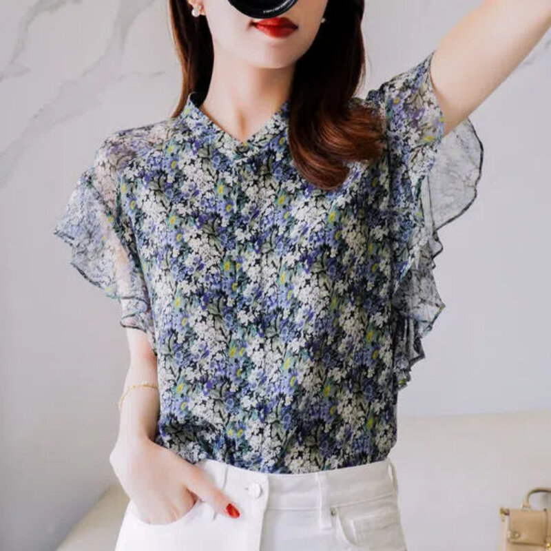 Korean Fashion Summer New Women's O-Neck Printing Ruffles Button Temperament Casual Versatile Loose Short Sleeve Shirts Tops