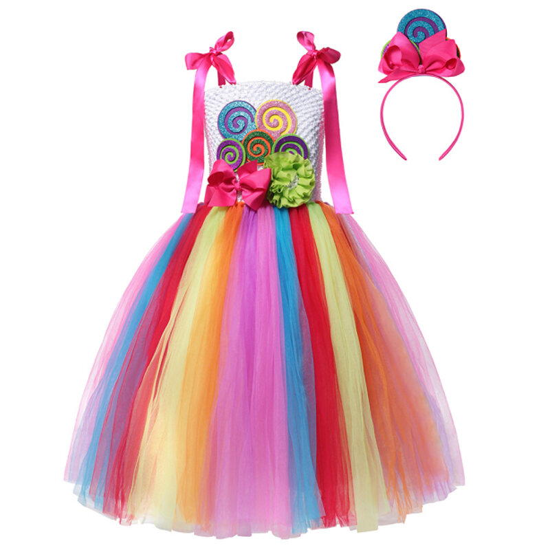 New Fashion Rainbow Candy Dress Kids Halloween Party Cosplay Costume Baby Girl Colorful Ball Gown Purim Festival Princess Dress