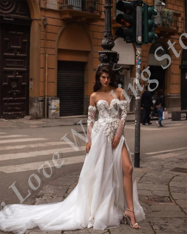 2024 Vestido Beach Wedding Dress Sweethear Neck Detachable Long Sleeves Beads Flower Appliques A-Line Tulle New Bridal Gown
