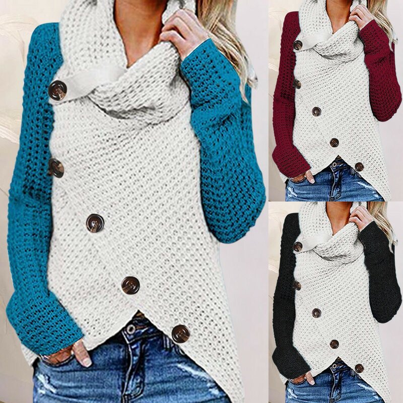 Sweter Turtleneck kancing tidak beraturan, sweater lengan panjang kerah Cowl hangat musim dingin y2k model Korea asimetris