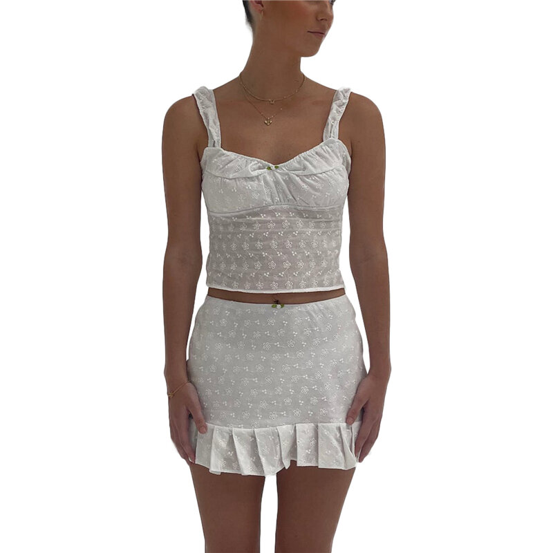 2-częściowe zestawy odzieży y2k Fairycore wykończone frędzlami bez rękawów bez pleców krótki Top i spódnica estetyczny strój dla kobiet Streetwear