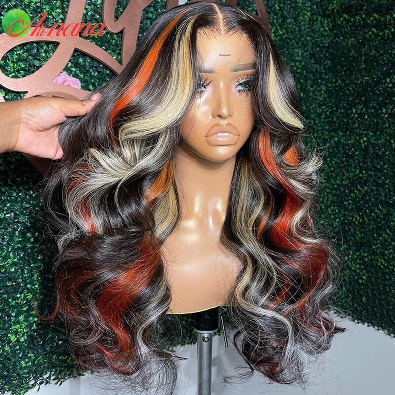Highlights Orange Blonde Colored Straight Body Wave Human Hair Wig 13x6 Lace Frontal Wigs PrePlucked HD Lace Front Wig For Women