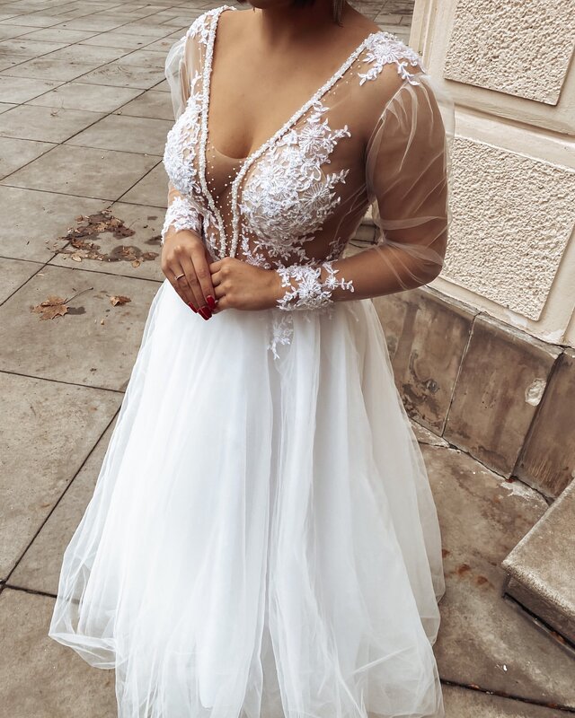 Женское платье невесты с длинным рукавом, белое кружевное платье с глубоким V-образным вырезом, модель ZJ042, 2023