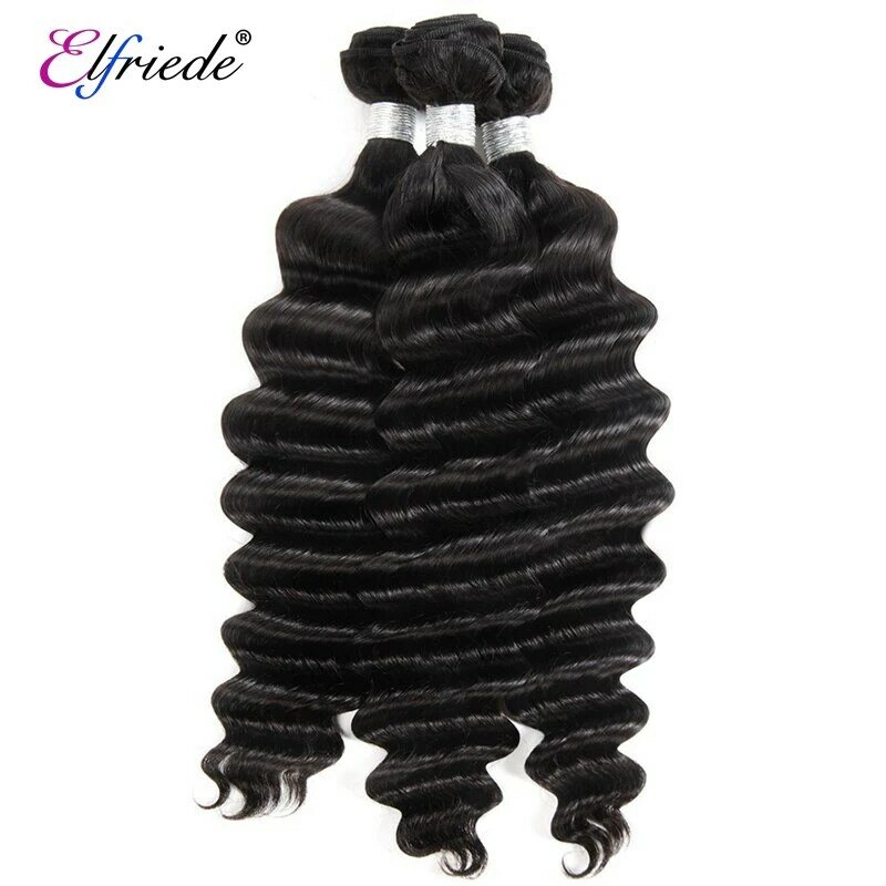 Elfriede Natural Black Loose Deep Wave Bundles with Frontal Brazilian 100% Human Hair Weaves 3 Bundles with Lace Frontal 13x4