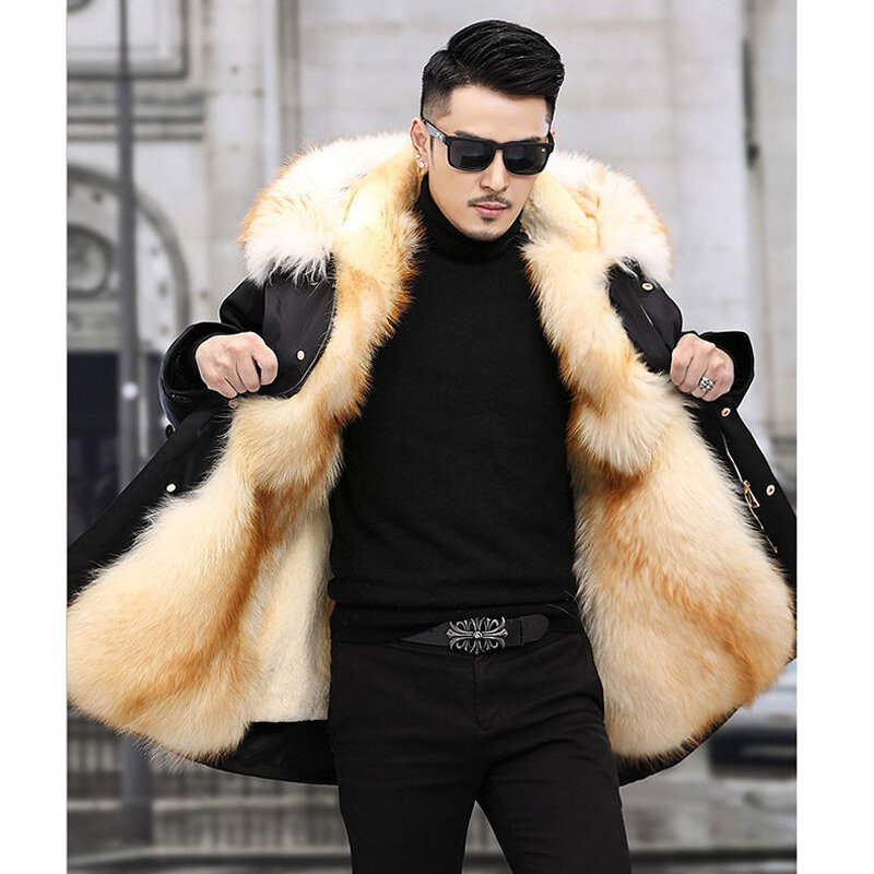 Casaco de pele de comprimento médio masculino, casaco de lã vison, forro quente, inverno, novo, 1 pc