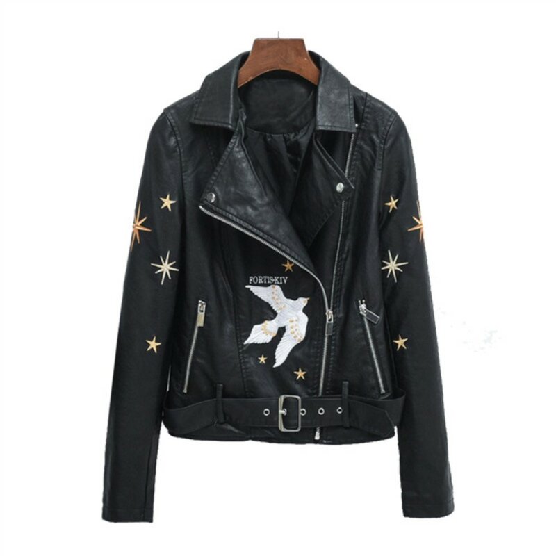 Embroidered women spring and autumn belt PU leather jacket motorcycle jacket