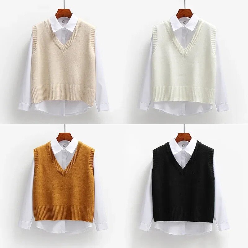 Suéter sin mangas de punto para mujer, de estilo Vintage y holgado Chaleco corto, con cuello en V, para primavera y otoño, 2023