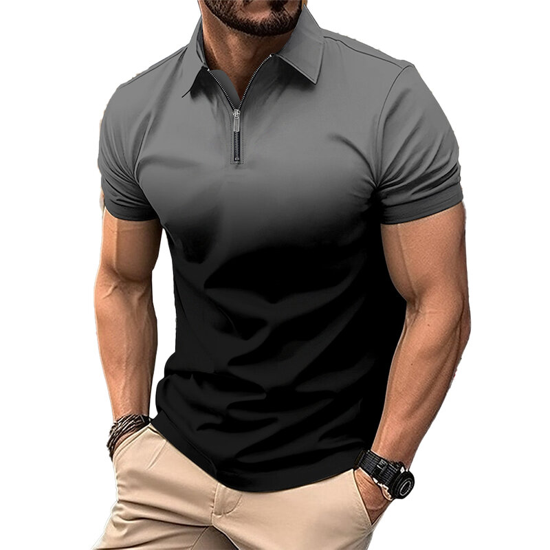Camisa regular de poliéster solta masculina, camiseta manga curta, leve estiramento, lapela casual com zíper, blusa durável, diária