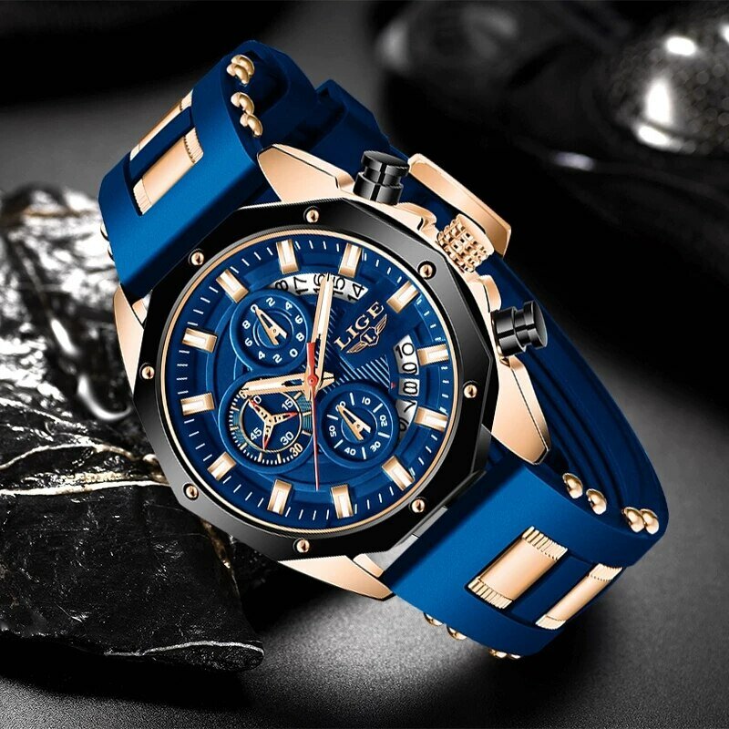 LIGE-reloj analógico con correa de silicona para hombre, accesorio de pulsera de cuarzo resistente al agua con cronógrafo, complemento masculino deportivo de marca de lujo con diseño moderno