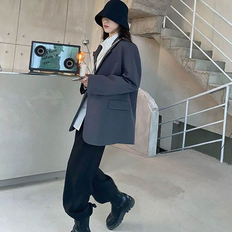 Lcuyever-blazer cinza para mulheres, estilo coreano, manga longa, casaco de terno solto, peito único, jaqueta chique feminina, primavera e outono