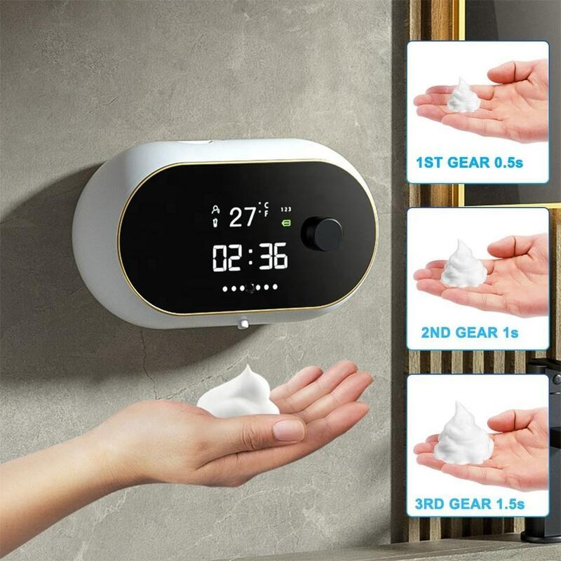 Dispenser di sapone in schiuma liquida creativa visualizzazione della temperatura del tempo Dispenser di sapone automatico impermeabile per lavaggio a mano a induzione del corpo umano