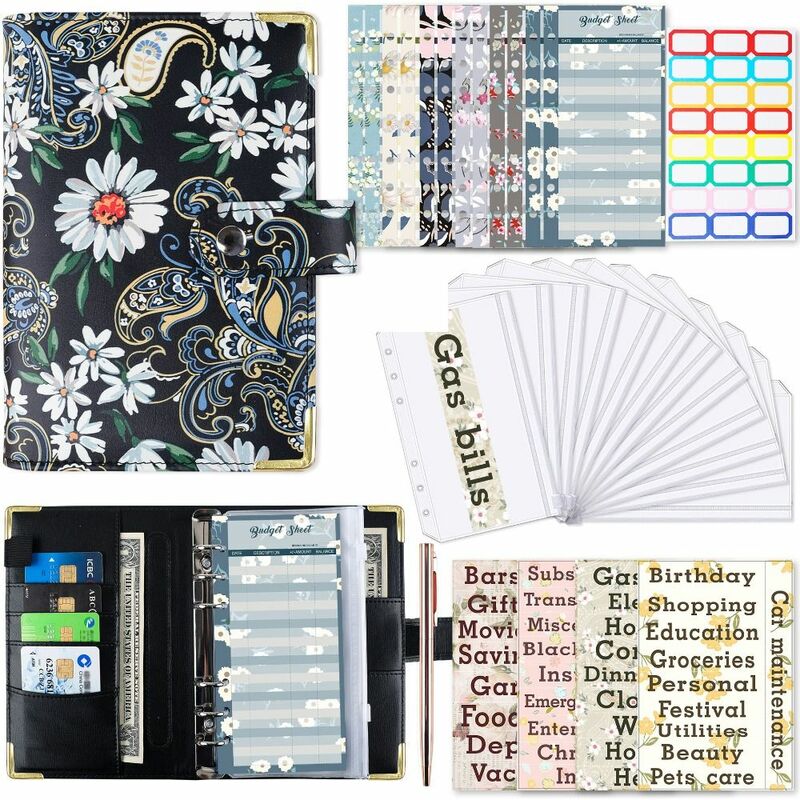 Carpeta de presupuesto de cuero PU A6, juego de sistema de sobres de efectivo para cuaderno con bolsillos de carpeta para ahorro de dinero, organizador de facturas