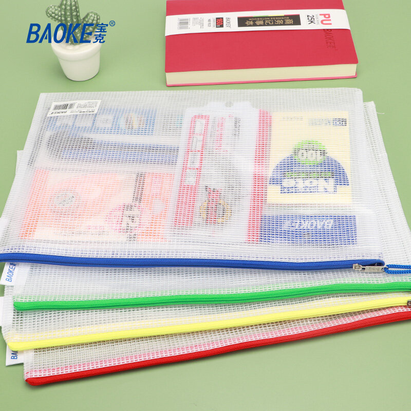 BAOKE-A4 PVC Mesh Zipper File Bag, DS1282, DS1283, DS1284, 10pcs por saco
