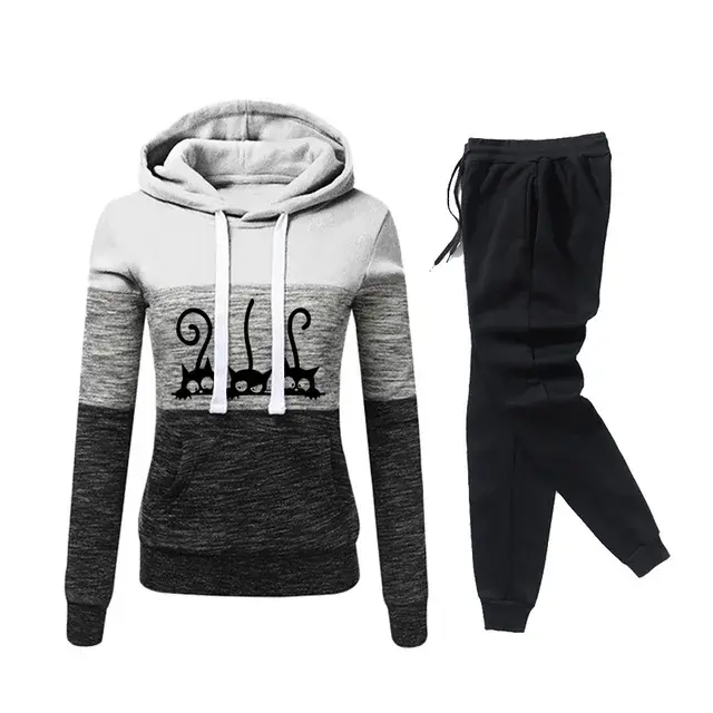 Women's Tracksuit Cat Printed Patchwork Hoodies and Sweatpants Two Pieces Set Autumn Fashion Casual Streetwear Female Sportswear