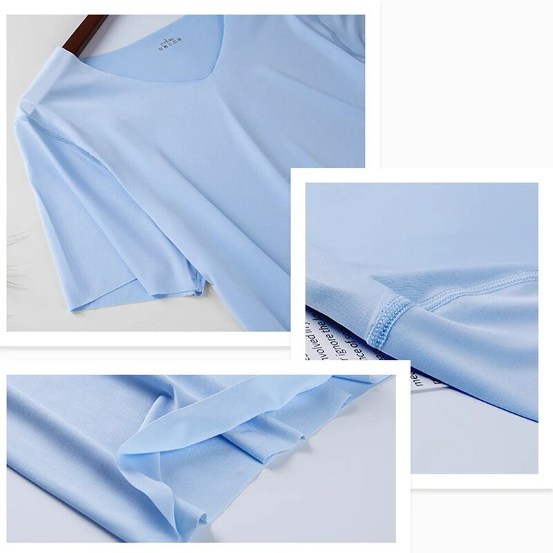 Camisetas de seda de hielo para hombre, camisa informal sin costuras con cuello en V, manga corta, ropa de calle