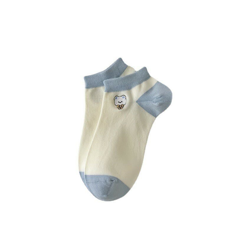 Women Socks Blue Cute Bear Embroidered Stripe Printed Cotton Socks Simple Fashion Breathable Women's No-show Socks B118