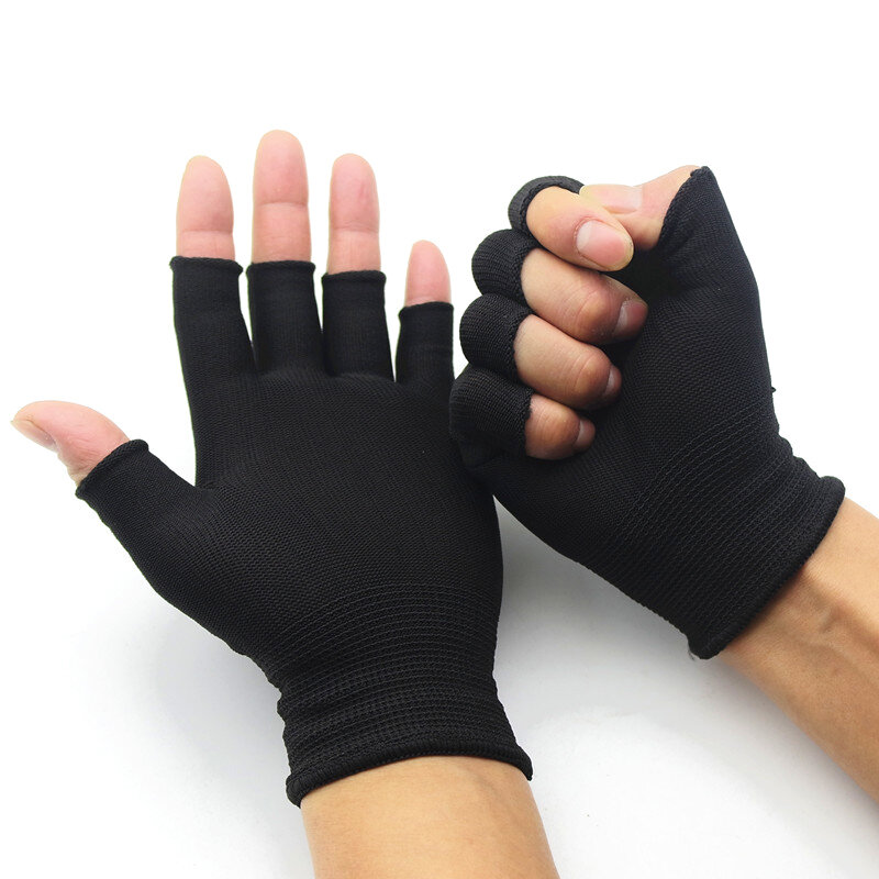 Luvas pretas sem dedos de meio dedo para mulheres e homens, pulso de lã, algodão, quente, treino, peixe, inverno, 1 par