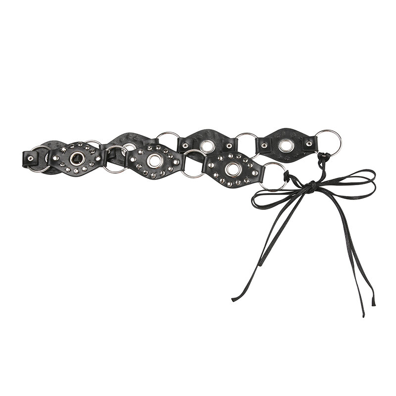 SUCHCUTE-cinturones negros Vintage bohemios con remaches para mujer, cuero con ojales redondos, accesorios de estilo Y2K, cinturones de cadena de cintura Grunge