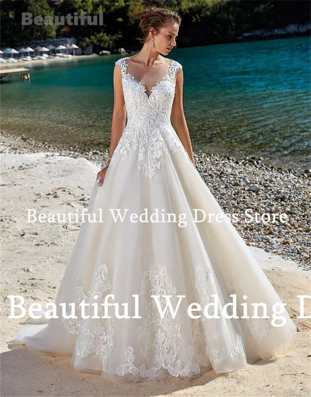 Gaun pernikahan wanita, gaun pengantin applique renda pantai leher O tanpa lengan A-Line kain Tule sepanjang lantai 2024