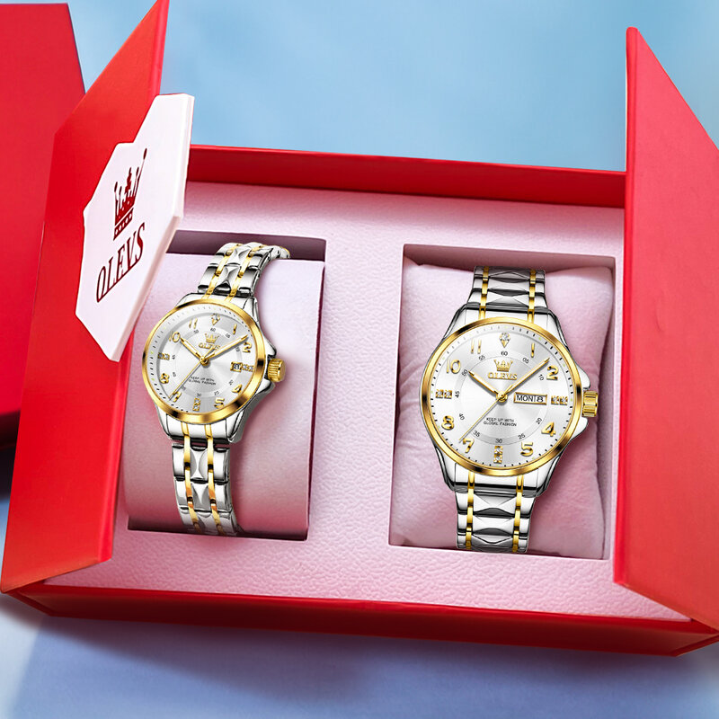 OLEVS jam tangan pasangan pria dan wanita, arloji Stainless Steel panggilan Digital Quartz untuk Pasangan kekasih