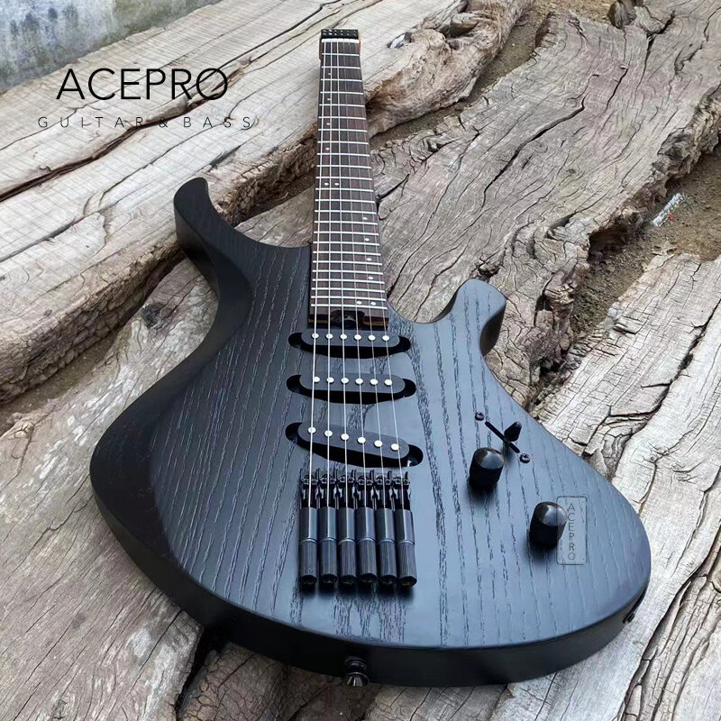 Acepro kopflose E-Gitarre, S-S-S Tonabnehmer, satin schwarzer Eschen körper, gerösteter Ahorn hals, Edelstahl Bund, 24 Bund Guitarra