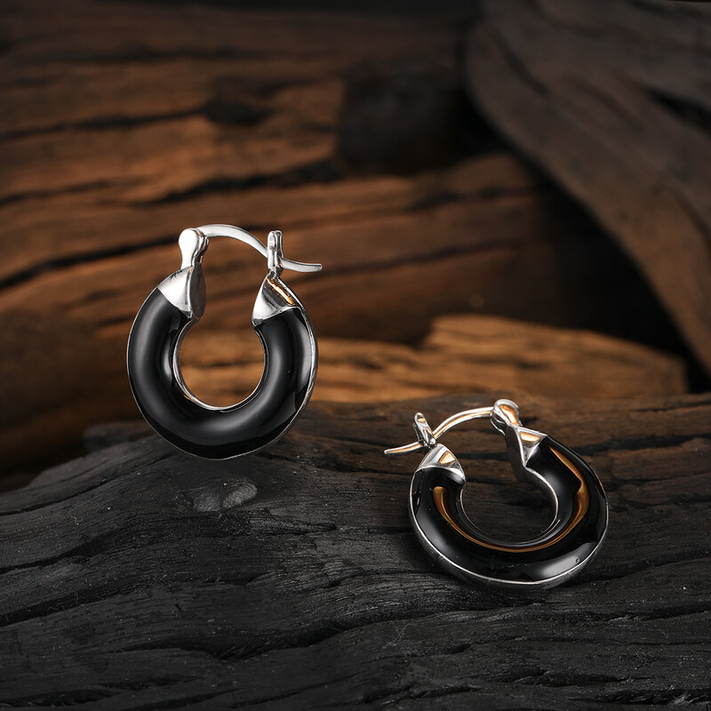 Anting-anting Hoop bulat tebal Enamel hitam manis perak Sterling 925 hadiah lucu mode untuk wanita anak perempuan perhiasan bagus DS3659