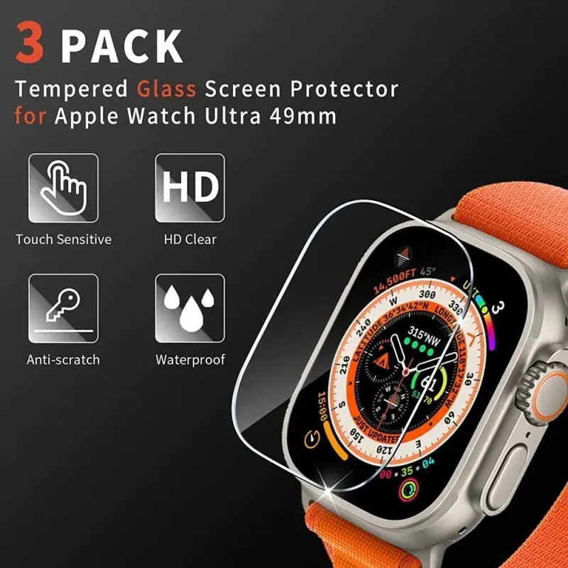 Protetor de Tela para Apple Watch Ultra, 49mm, Anti-Scratch, Impermeável, Vidro Temperado, Filme HD, iWatch, 49mm, 5 Unidades