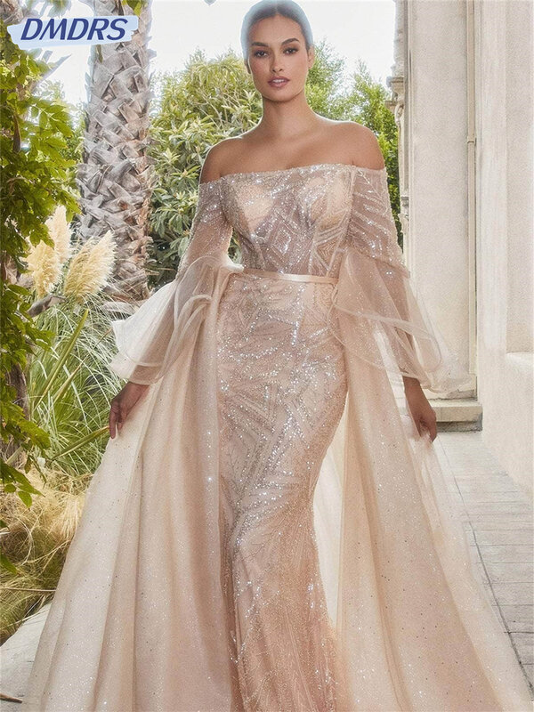 Sparkling Long Sleeve Evening Gowns 2024 Sexy Mermaid Floor Length Gown Elegant Off Shoulder Party Dresses Vestidos De Novia