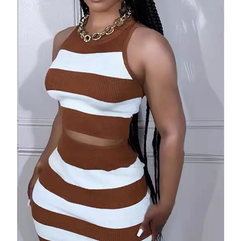 Spring Summer 2024 New Striped Knitted Slim Fit Suit Women's Round Neck Sleeveless Vest Top High Waist Slit Skirt Suit