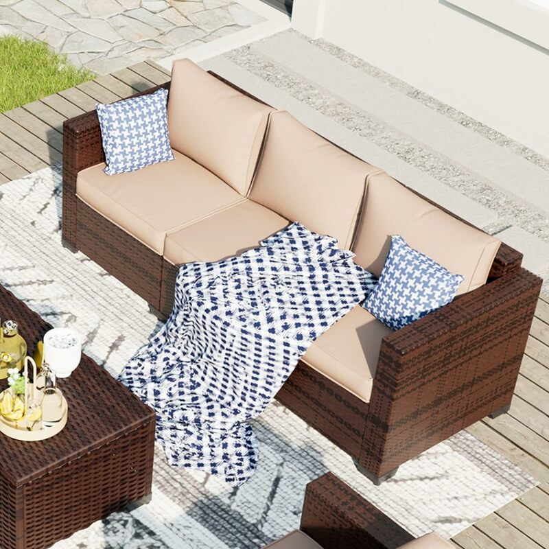 Patio Wicker Sofa, Outdoor Rattan Sectional Couch Furniture Steel Frame w/Furniture Cover Non-Slip Cushion