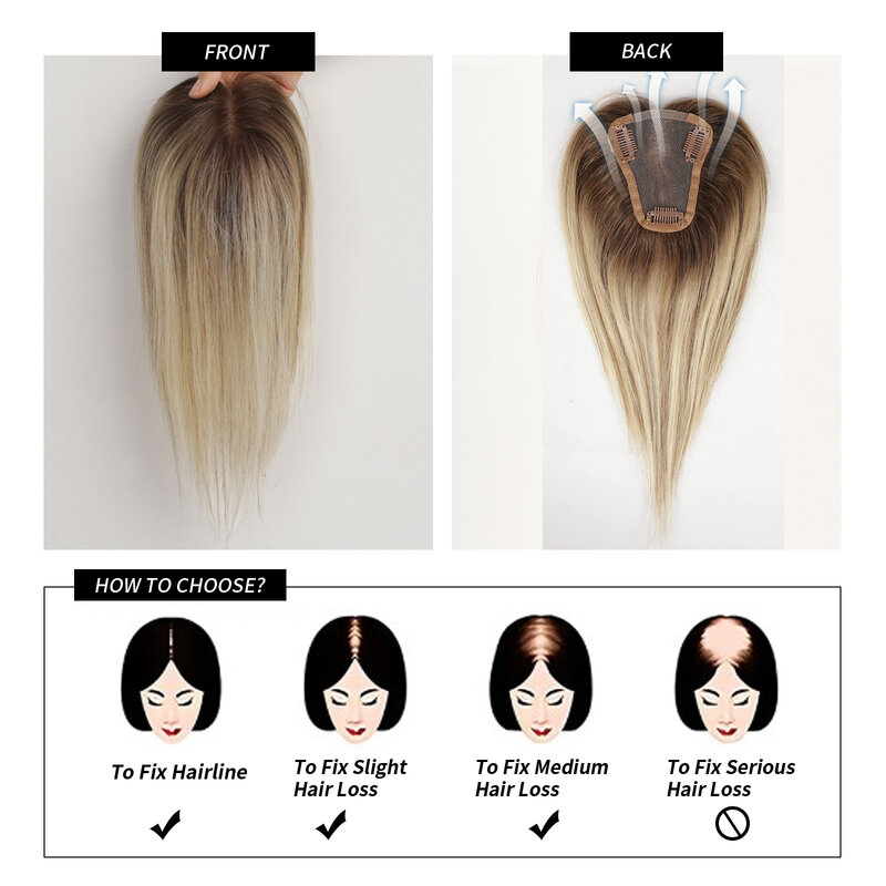 100% Remy capelli umani Toppers Ombre marrone chiaro biondo parte centrale pezzi di capelli umani per le donne con fermaglio per capelli diradati in Toppers