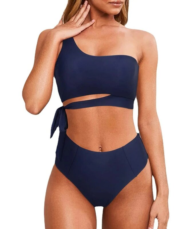 Bikini de cintura alta para mujer, traje de baño de dos piezas con realce, un hombro, piscina, 2024