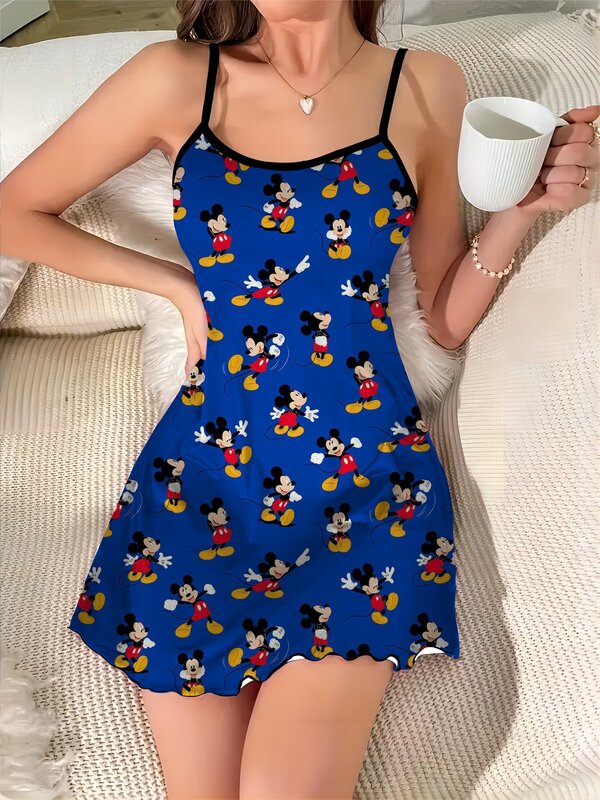 Minnie Mouse Elegant Chic Dress Disney Lettuce Trim Mickey Pajama Skirt Fashion Summer Dresses 2024 Crew Neck Satin Surface Mini