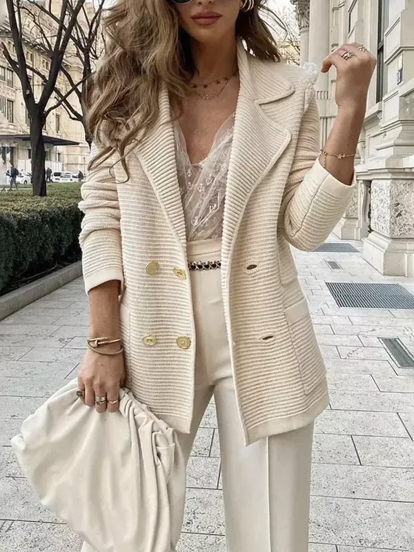 Women Double Breasted Button Solid Color Autumn Winter Blazer Jacket Fashion Casual Long Sleeve Coat Cardigan