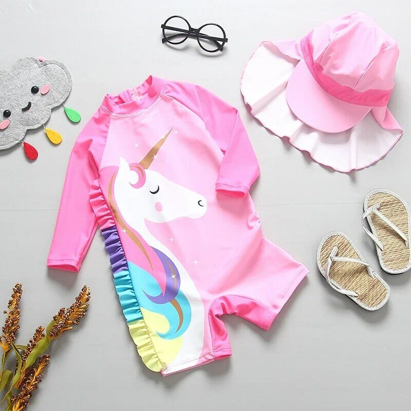 Unicórnio One Piece Swimsuit para Bebês Meninas, manga comprida, UPF50, anti proteção solar UV, roupas de praia para crianças, maiô para meninas