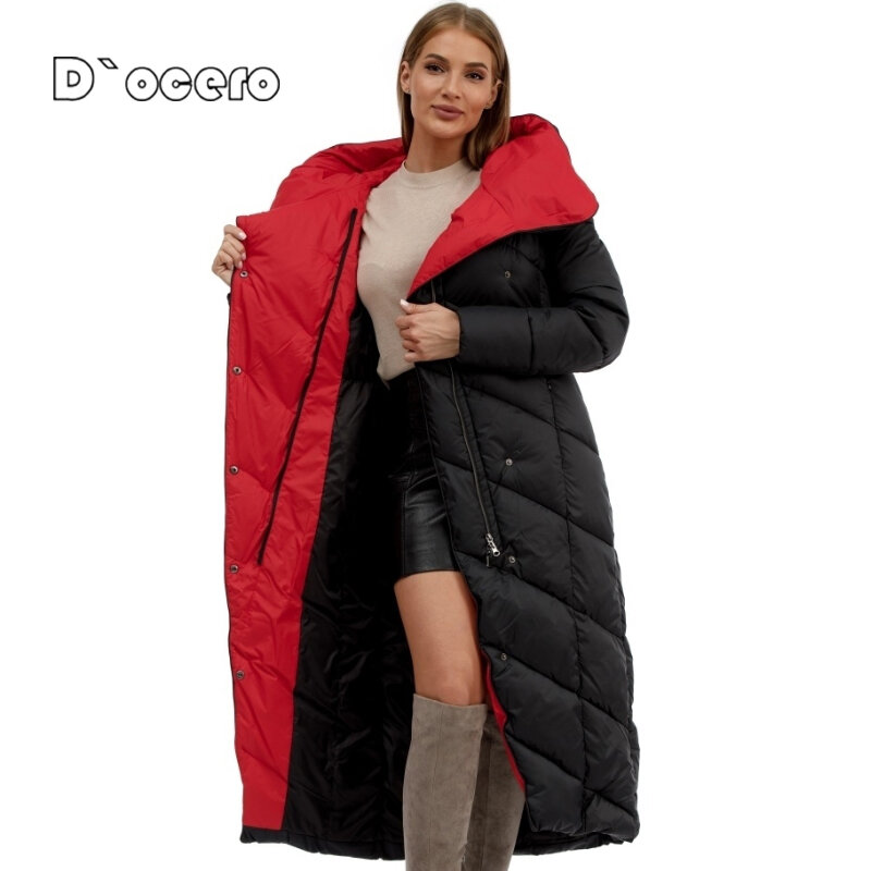 D`OCERO 2022 X-Long Winter Down Jacket Women Fashion Warm Female Padded Quilted Coat Thick Cotton Overcoat Quality Winter Parkas