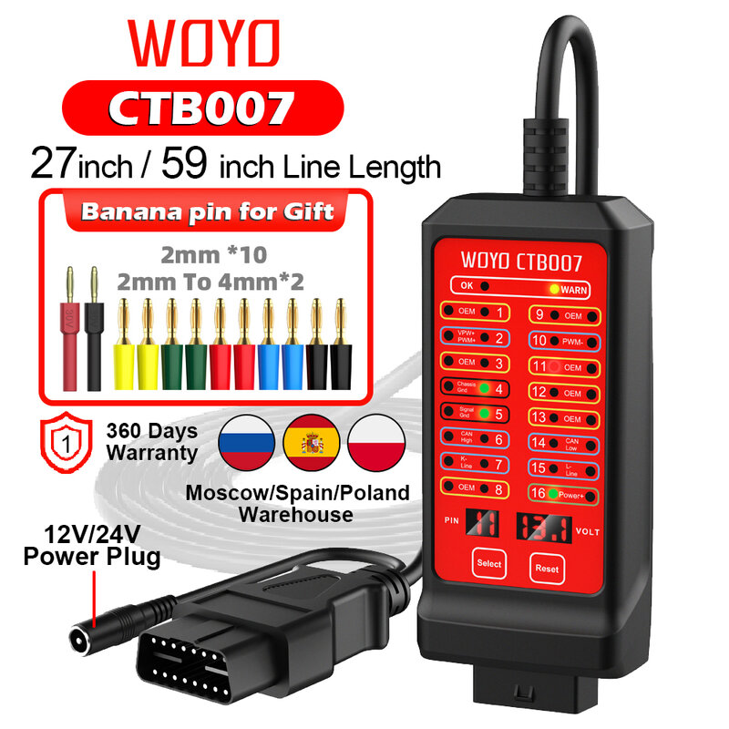 WOYO CTB007 Auto OBD2 Scanner Diagnostic voor 16-pins Digitale Voltage Tester OBD 2 Breakout Box met 29,5 inch/59 inch OBDII verlengkabel
