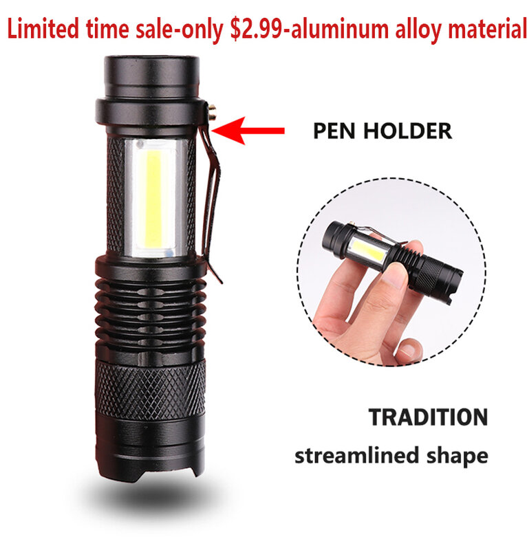 T6 LED جيب مصباح يدوي قوي ضوء التكبير 3 طرق USB قابلة للشحن سبائك الألومنيوم المحمولة مصباح يدوي مقاوم للماء مع مشبك هوك