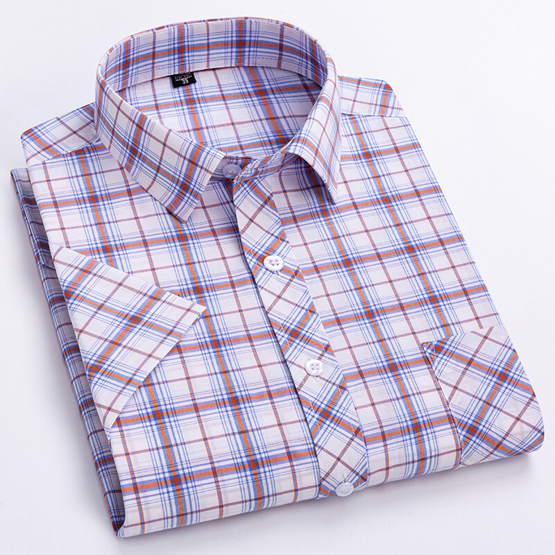W kratę krótki rękaw koszule męskie bawełniane England Preppy klasyczne kraciaste letnie nowe modna odzież biznesmen koszule na co dzień