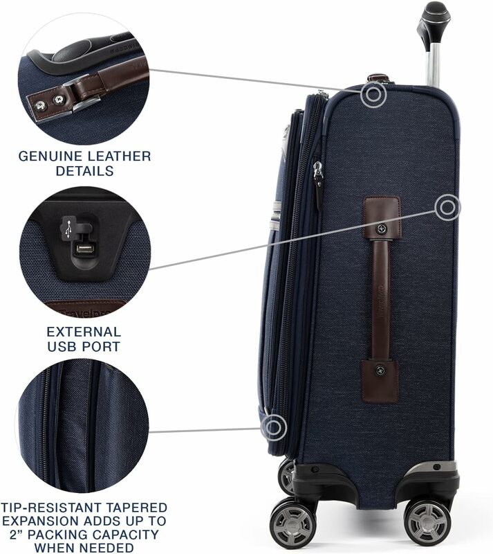 Bagagem de bagagem expansível macia, bagagem giradora de 8 rodas, portas USB, terno sólido da marinha, homens e mulheres, 21 em