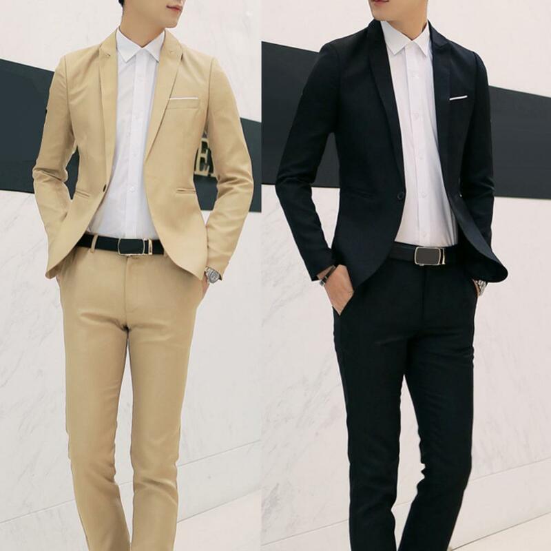 2Pcs Office Business Men Suit Solid Color Lapel Long Sleeve Slim Blazer Pants Suit Spring Autumn Stylish Business Casual Jacket
